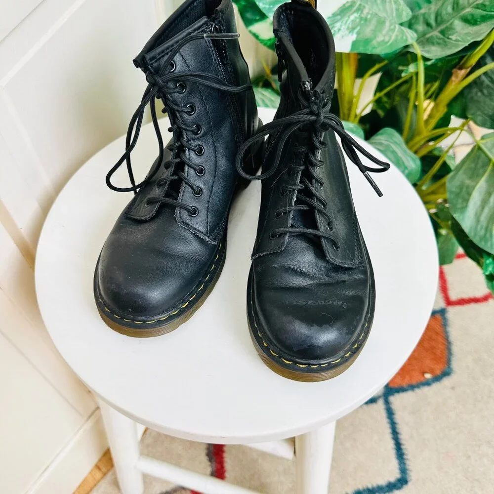 Dr Martens 1460 J Boots Youth Size 3 Black Leather Lace Up Side Zip
